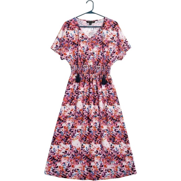 lildy Dresses & Skirts - Lildy Womens Floral Tassel Tie Back Maxi Dress Pink Purple Smocked Waist L-XL